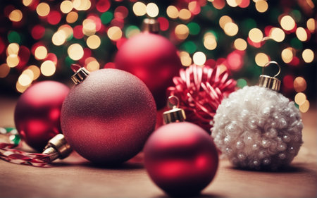 Christmas background. Coloful Christmas toys of de-focused lights. Space for text.の素材