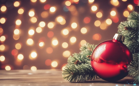 Christmas background. Coloful Christmas toys of de-focused lights with decorated tree. Space for text.の素材