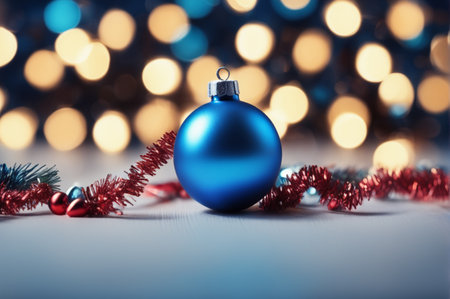 Christmas background. Coloful Christmas toys of de-focused lights. Space for text. Blue background. Generative AI illustrationの素材
