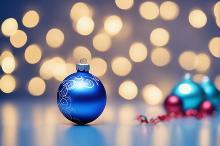 Christmas background. Blue Christmas toys of de-focused lights. Space for text. Blue background. Generative AI illustrationの素材