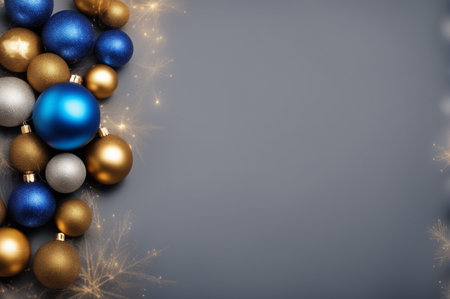Christmas background. Coloful Christmas toys of de-focused lights. Space for text. Grey background. Generative AI illustrationの素材