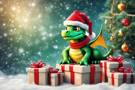 Cartoon cute green dragon in red hat with gifts in boxes at Christmas tree in winter. Greeting card for new year 2024. Generative AI illustrationの素材