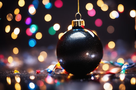 Christmas background. Black Christmas toy of de-focused lights. Space for text. Black background. Generative AI illustrationの素材