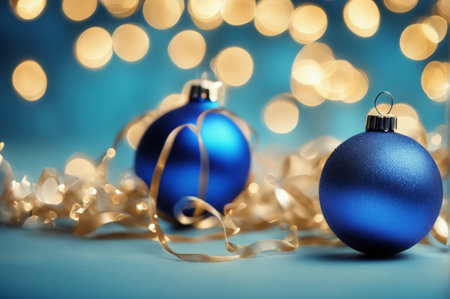 Christmas background. Coloful Christmas toys of de-focused lights. Space for text. Blue background. Generative AI illustrationの素材