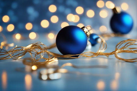 Christmas background. Coloful Christmas toys of de-focused lights. Space for text. Blue background. Generative AI illustrationの素材