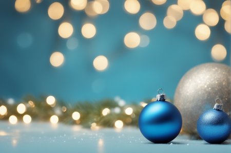 Christmas background. Coloful Christmas toys of de-focused lights. Space for text. Blue background. Generative AI illustrationの素材