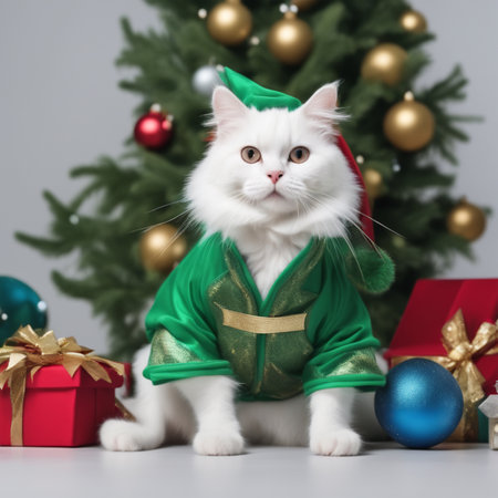 Cute white cat in a suit under the Christmas tree near the gifts. Christmas background. Generative AI illustrationの素材