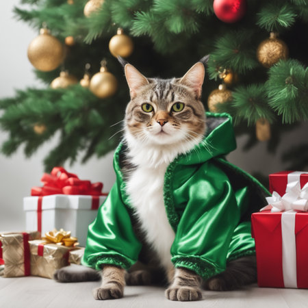 Cute cat in a suit under the Christmas tree near the gifts. Christmas background. Generative AI illustrationの素材