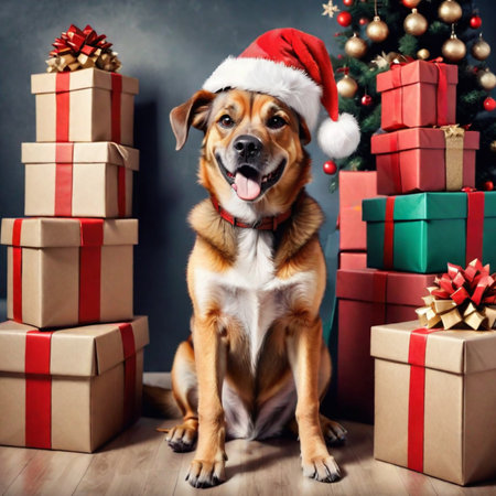 Cute dog in red santa hat near the gifts. Christmas background. Generative AI illustrationの素材