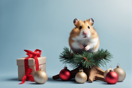 Cute hamster near a Christmas tree with Christmas toys. Space for text. Blue background. Generative AI illustrationの素材
