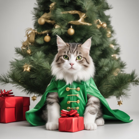 Cute cat in a suit under the Christmas tree near the gifts. Christmas background. Generative AI illustrationの素材