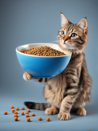 A cute tabby cat holding a bowl of food with his paw. Blue background. Humor with animalsの素材