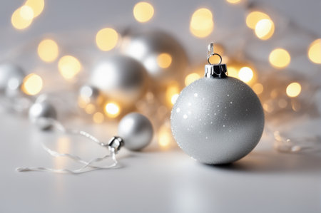 Christmas background. Beautiful Christmas toys of de-focused lights. Space for text. White background. Generative AI illustrationの素材