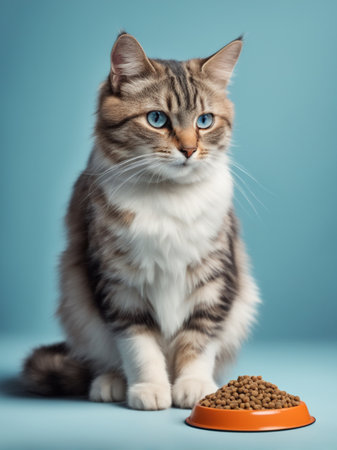 Cute tabby cat near bowl with food. Blue background.の素材