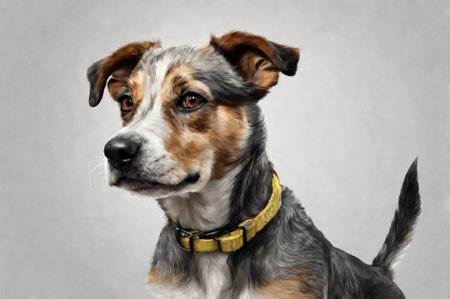 Portrait of a cute dog. Gray background. Generative AI illustrationの素材