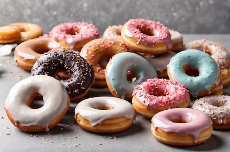 Different tasty glazed donuts on grey background. Space for text. Sweet food, calories, holiday, birthday. Advertising, banner, invitation.の素材