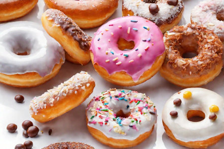Different tasty glazed donuts on white background. Generative AI illustrationの素材