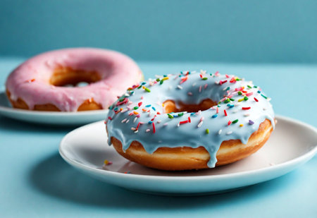 Two tasty glazed donuts on the plates, blue background. Space for text. Sweet food, calories, holiday, birthday.の素材