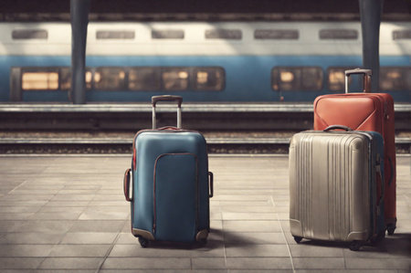 Three suitcases on the floor at the train station. Travel concept. Generative AI.の素材