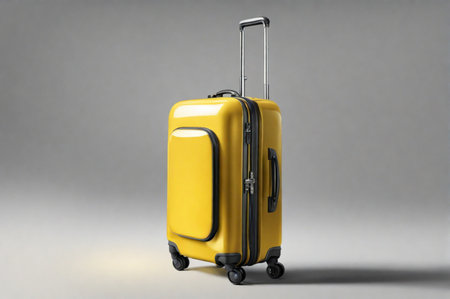 A yellow suitcase on the light grey background. Travel concept. Generative AI.の素材