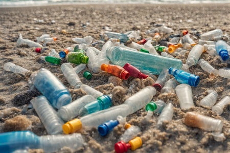 Plastic bottles and waste washed up on a beach. Micro plastic sea pollution. Generative AIの素材