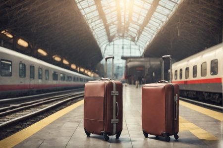 Two brown suitcases on the floor at the train station. Travel concept. Generative AI.の素材