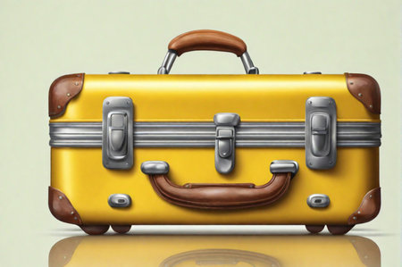 A yellow suitcase on the light grey background. Travel concept. Generative AI.の素材