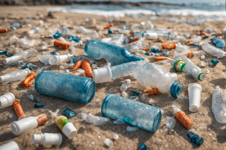 Plastic bottles and waste washed up on a beach. Micro plastic sea pollution. Generative AIの素材