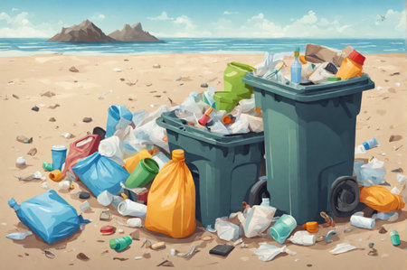 Illustration of plastic bottles and waste washed up on a beach. Micro plastic sea pollution. Generative AIの素材