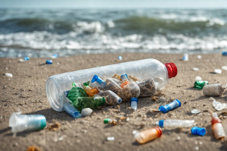 Plastic bottles and waste washed up on a beach. Micro plastic sea pollution. Generative AIの素材