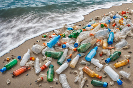 Plastic bottles and waste washed up on a beach. Micro plastic sea pollution. Generative AIの素材