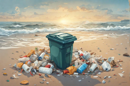 Illustration of plastic bottles and waste washed up on a beach. Micro plastic sea pollution. Generative AIの素材