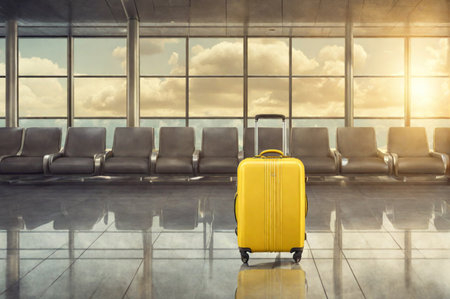 A yellow suitcase on the floor in airport terminal. Travel concept. Generative AI.の素材