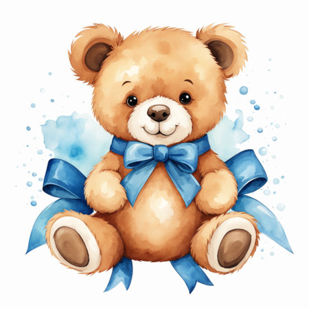 Isolated cute rabbit with blue ribbon in soft watercolor decorative art style. Generative AIの素材