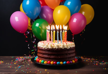 Birthday cake with candles on a background of colorful balloons. Generative AIの素材