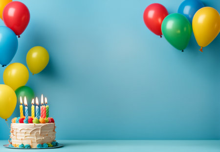 Birthday cake decorated with candles on a blue background with balloons. Space for text. Generative AIの素材