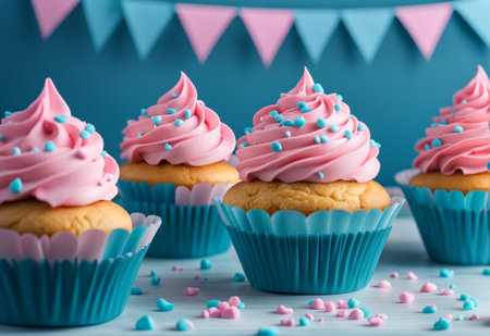 Cupcake with pink and blue frosting gender reveal conception. Generative AIの素材