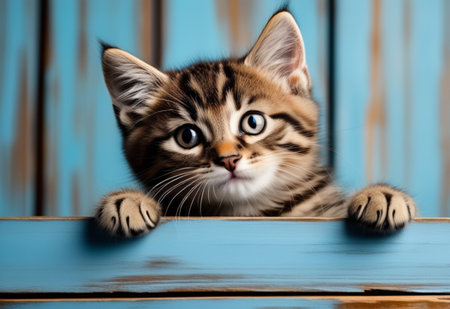 Kitten head with paws up peeking over blue wooden background. Little tabby cat curiously peeking out from behind blue background. Front view, copy space.   Generative AIの素材