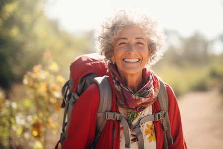 Smiling elderly woman with backpack travels and discovers new places and cultures. Happy retirement, travel, vacation, trip, healthy active lifestyle. Generative AIの素材