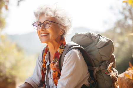 Smiling elderly woman with backpack travels and discovers new places and cultures. Happy retirement, travel, vacation, trip, healthy active lifestyle. Generative AIの素材
