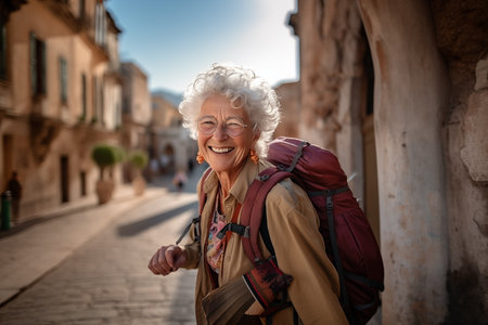 Smiling elderly woman with backpack travels and discovers new places and cultures. Happy retirement, travel, vacation, trip, healthy active lifestyle. Generative AIの素材