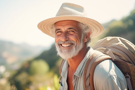Smiling elderly man with backpack travels and discovers new places and cultures. Happy retirement, travel, vacation, trip, healthy active lifestyle. Generative AIの素材