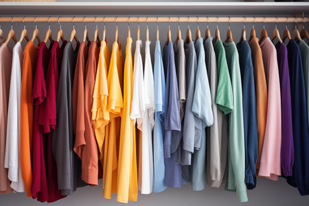 Casual colorful cotton clothes hanging on the rack wardrobe or closet interior decoration. Concept modern fashion life style. Generative AIの素材