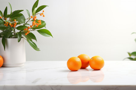 Stylish white quartz countertop with potted plant and oranges. Modern minimalistic kitchen interior details. Generative AIの素材