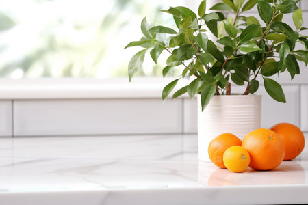 Stylish white quartz countertop with potted plant and oranges. Modern minimalistic kitchen interior details. Generative AIの素材