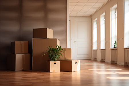 Stack of cardboard boxes with household belongings on wooden floor in living room of old classical style house. Moving to new home. Generative AIの素材