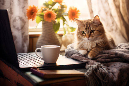 A cute cat lies on the desktop on which there is a laptop, a plant, a cup, a diary. Generative AIの素材