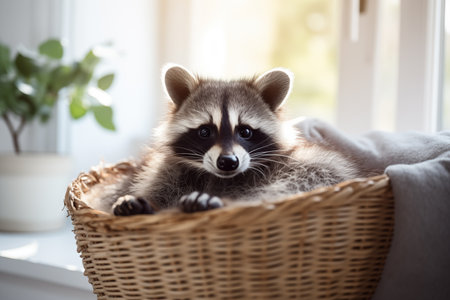 A cute young tame raccoon resting in a pet bed, space for text. Generative AIの素材