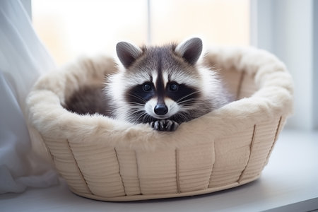 A cute young tame raccoon resting in a pet bed, space for text. Generative AIの素材