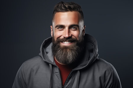 Studio shot of smiling bearded man, handsome brutal man. Space for text and black background. Generative AIの素材
